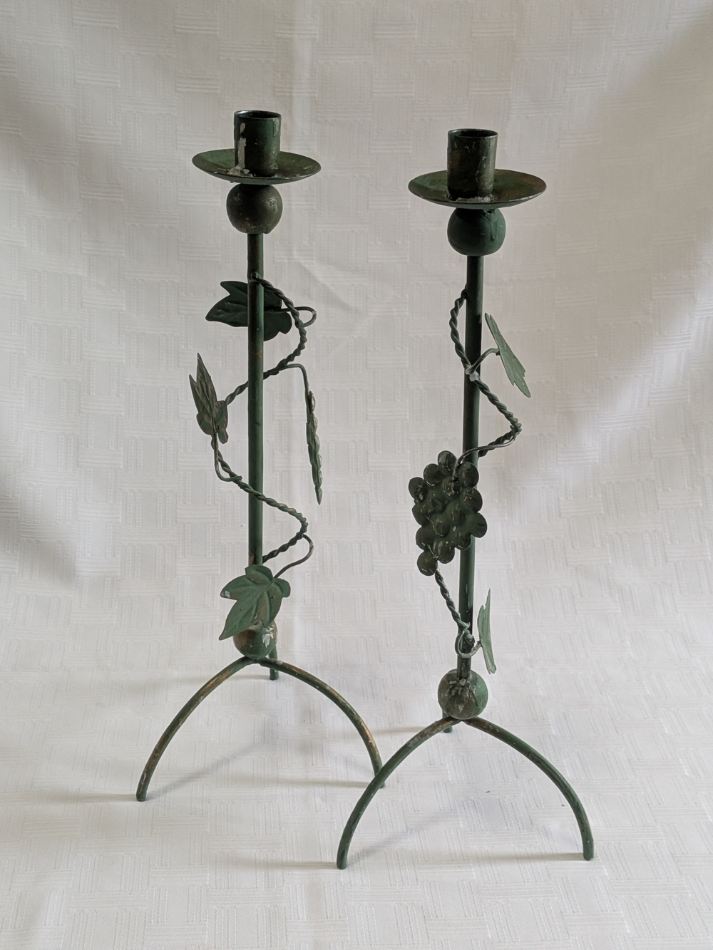 Vintage Green Metal Grapevine Taper Candle Holders, Pair 16.5" Rustic Tuscan